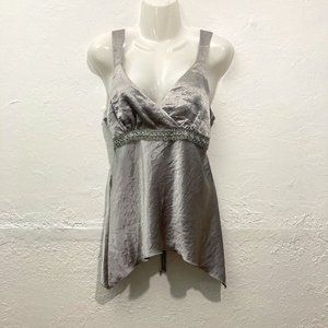 Anxiety Y2K Babydoll Top Adjustable straps Sequins Lace Gray Silky Tie back L